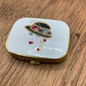 Art Deco Vintage Woman's Face Gold Tone Pill Case